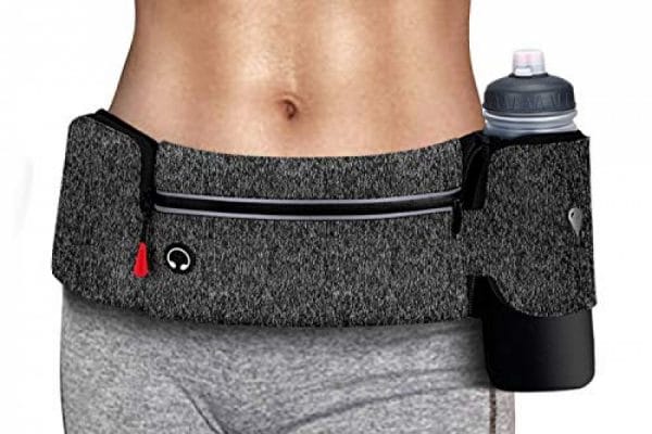 Running Belt Bag With Foldable Water Bottle Holder(Bottles NOT Included), No Bounce Large Pocket Water Resistant Fanny Waist Pack, Hydration Running Phone Holder For Men And Women (Black&Grey)