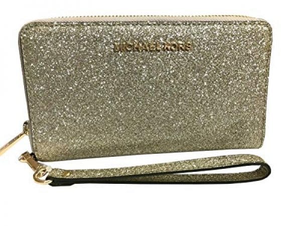 Michael Kors Jet Set Travel Large Flat Zip MF Phone Case Glitter Giftable Leather Wristlet Wallet (Pale Gold)