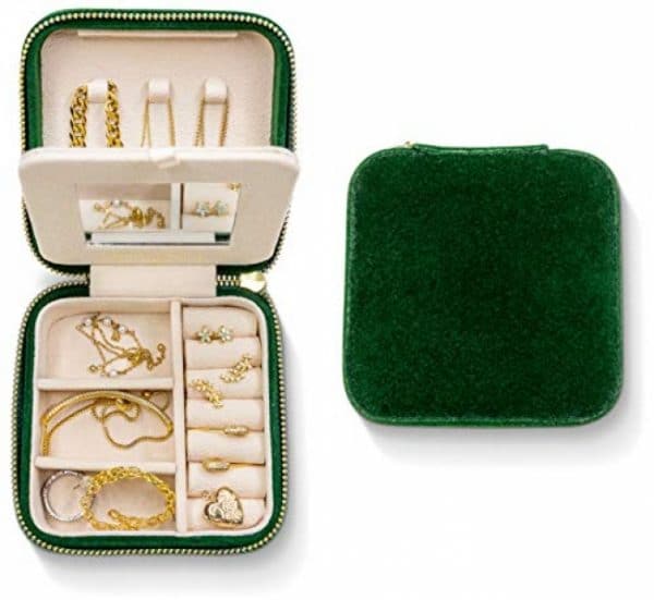 Benevolence LA Plush Velvet Jewelry Box | Travel Jewelry box | Jewelry Storage and Organizer | Jewelry box for women | Rings, Necklaces and Earrings Organizer with Mirror – Emerald Velvet