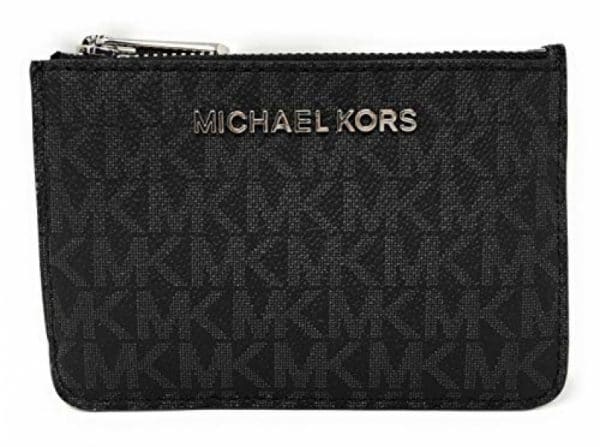 Michael Kors Jet Set Travel Small Top Zip Coin Pouch with ID Holder – PVC Coated Twill (Black with Silver Hardware)