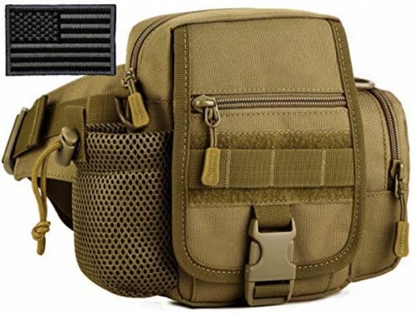 Protector Plus Tactical Fanny Pack with Mesh Water Bottle Holder Pouch Military Running Waist Bag Hip Belt MOLLE Army Lumbar Gear Pocket Sling Shoulder Crossbody Messenger Bags (Patch Included), Brown