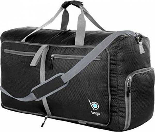 Bago 60L Sports & Travel Duffle Bag – Foldable Weekender Bag For Women & Men – Lightweight waterproof Shoe Pocket (Black)