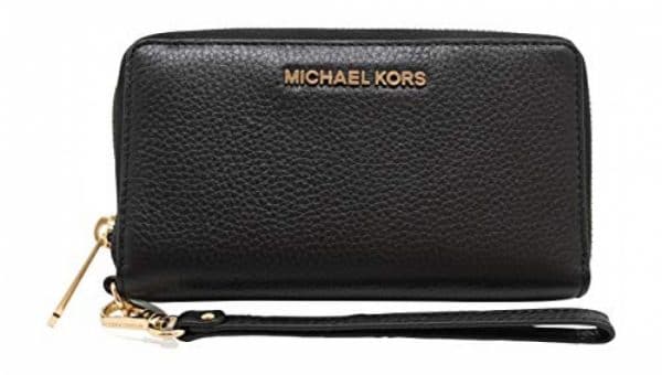 Michael Kors Jet Set Travel Large Flat Multifunction Phone Case Wristlet Pebble Leather (Black)