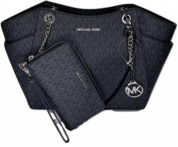 MICHAEL Michael Kors Jet Set Travel Large Chain Shoulder Tote bundled with Large Flat MF Phone Case Wallet Wristlet (Signature MK Black)