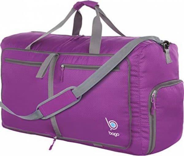 Bago 60L Sports & Travel Duffle Bag – Foldable Weekender Bag For Women & Men – Lightweight waterproof Shoe Pocket (Purple)