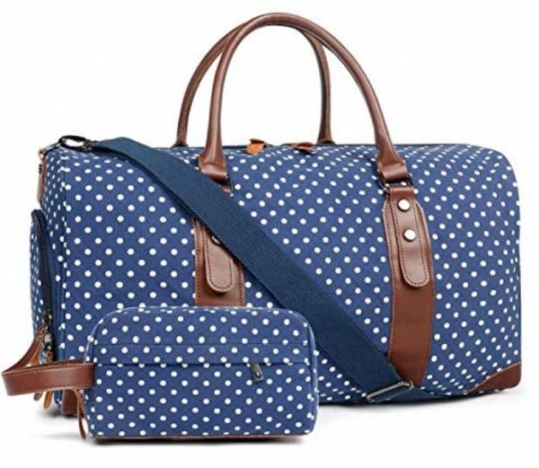 Oflamn Duffle Bag Canvas Leather Weekender Overnight Travel Carry On Tote Bag with Shoe Compartment and Toiletry Bag (Blue White Dots)