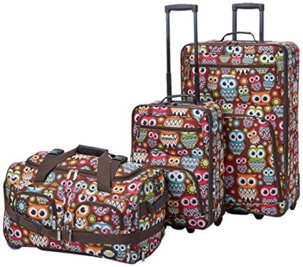 Rockland Vara Softside 3-Piece Upright Luggage Set,Expandable, Owl, 20 inch,22 inch,28 inch
