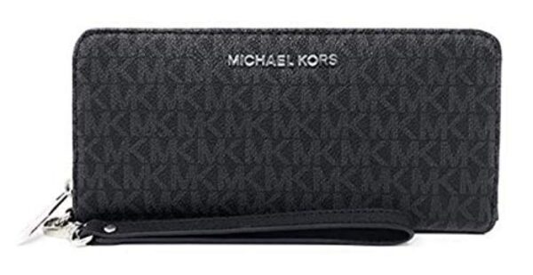 Michael Kors Jet Set Travel Continental Zip Around Leather Wallet Wristlet (Black PVC/Silver Hardware)